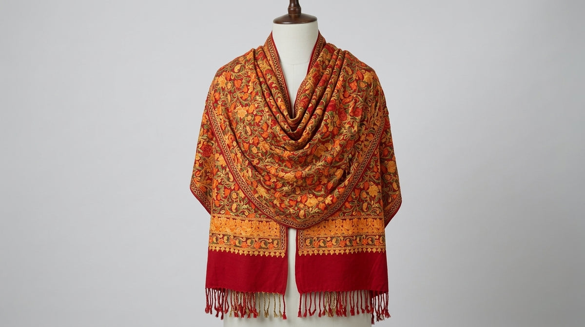 Kashmiri Embroidered Stole — Amber & Red