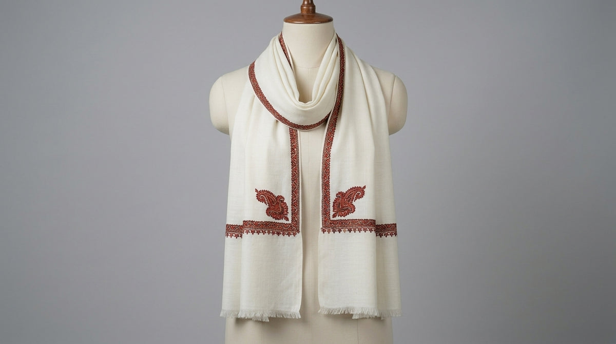Kashmiri Pashmina Shawl — Ivory & Rust