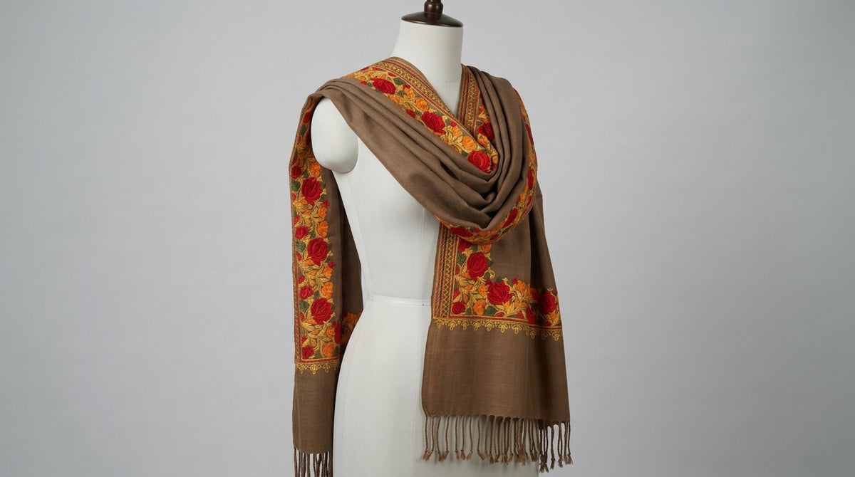 Kashmiri Border Embroidery Stole — Taupe