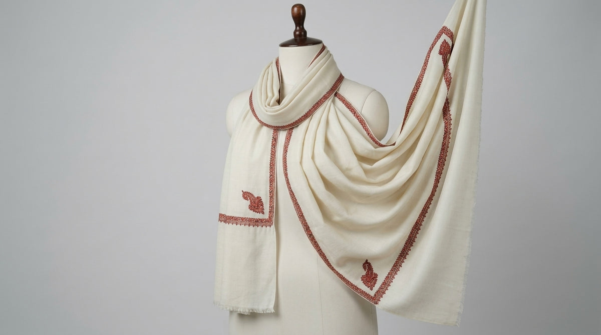 Kashmiri Pashmina Shawl — Ivory & Rust